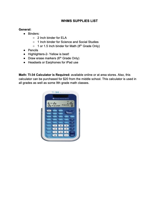 WHMS Student Supplies List
